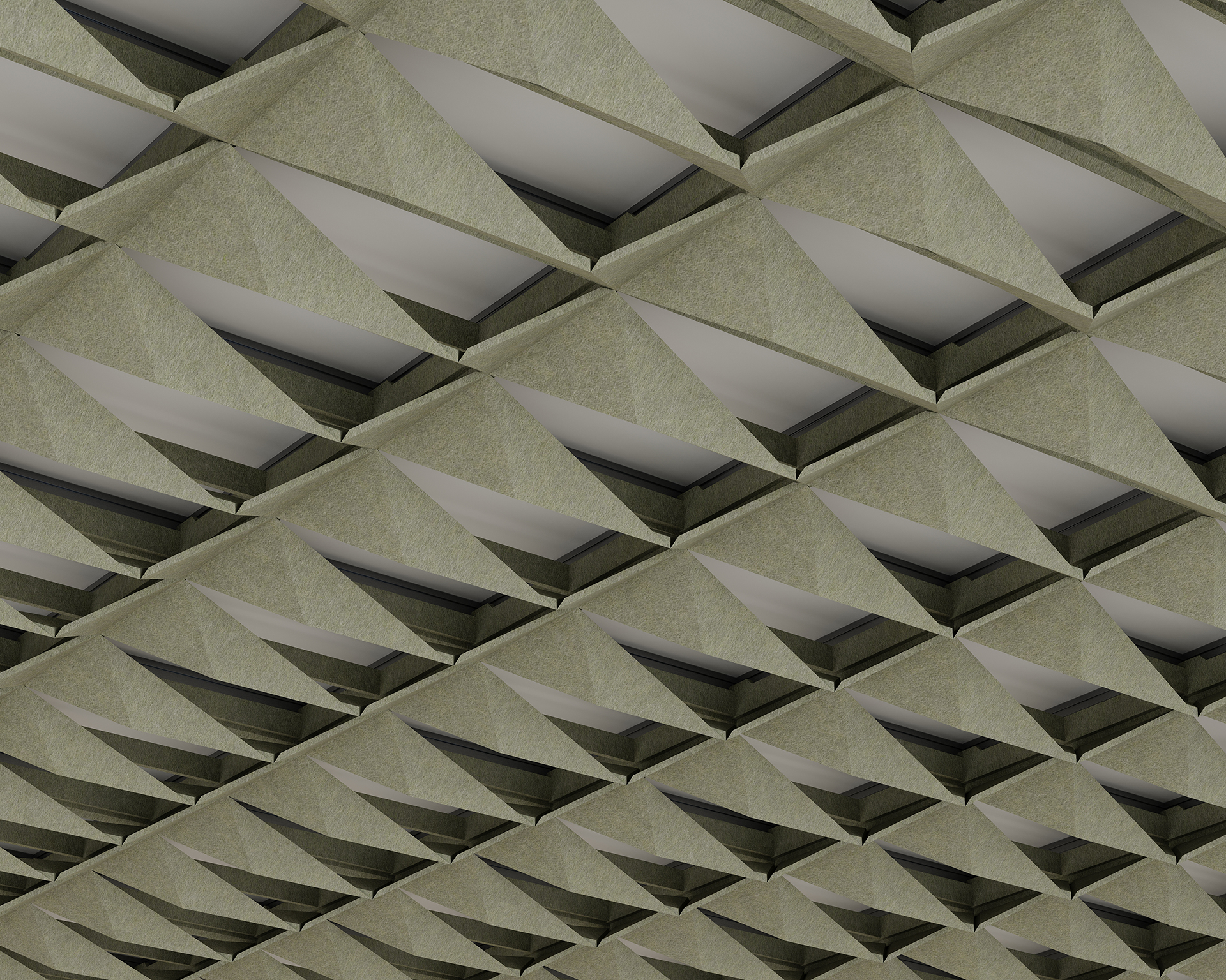Close-up view of an acoustic felt architectural ceiling with a repeating pattern of square, recessed panels. Each panel is set at an angle, creating a textured, geometric design with shades of beige and gray.