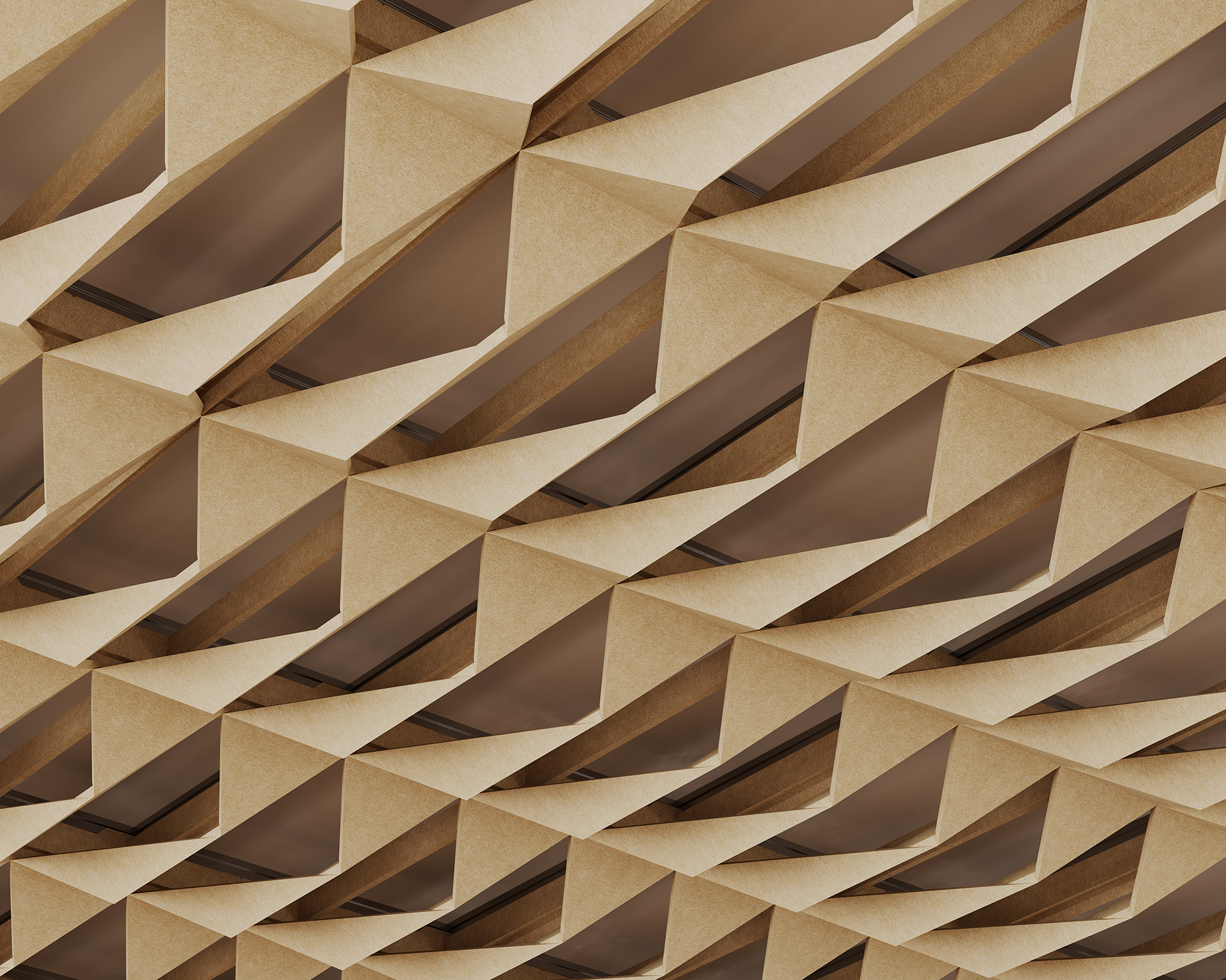 Close-up of an abstract architectural acoustic felt ceiling featuring a geometric, honeycomb-like pattern. The design consists of repeating triangular shapes in a neutral beige color, creating a textured and three-dimensional effect.