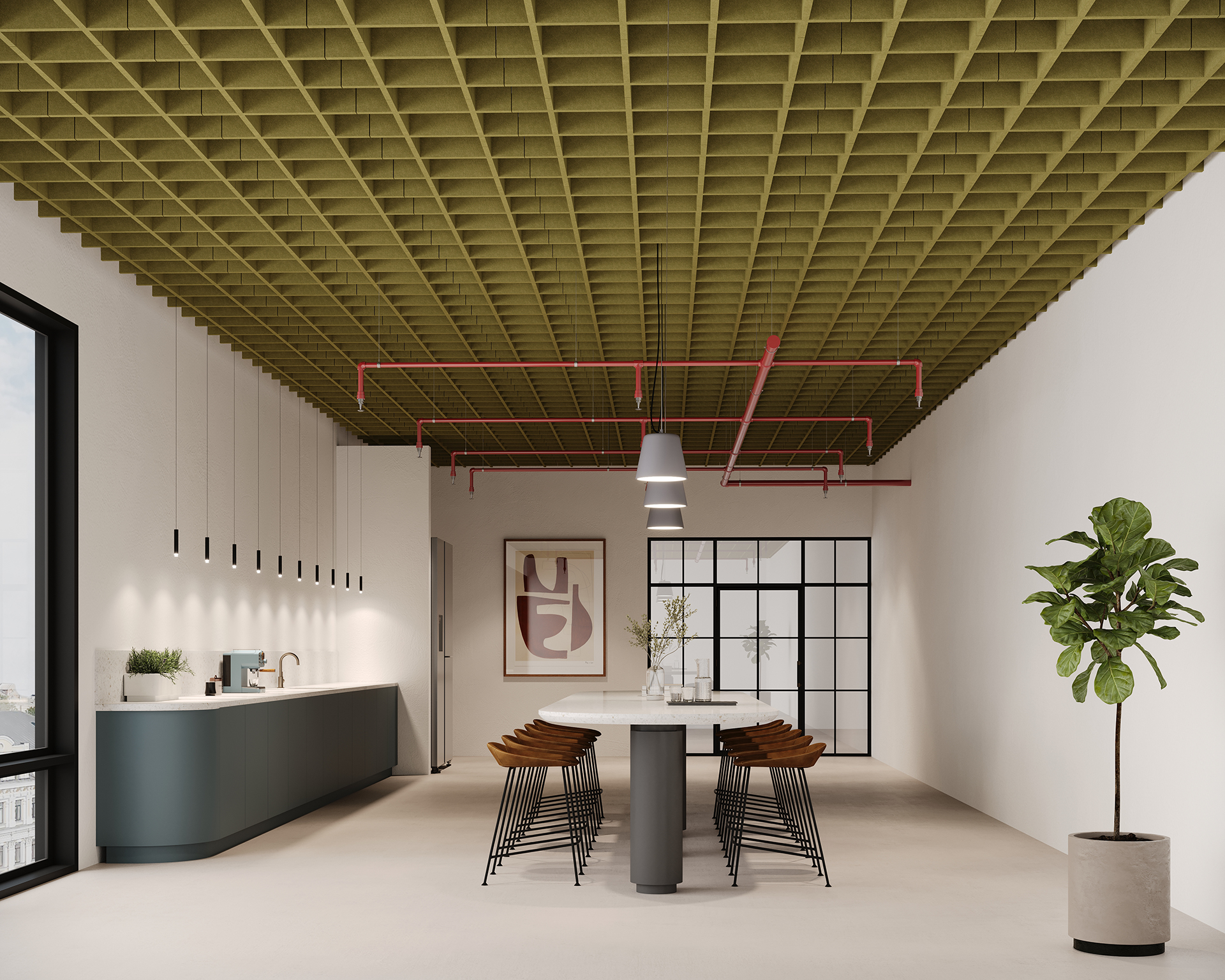 Modern office interior with a large table surrounded by chairs, a green acoustic felt ceiling with square patterns, pendant lights, and a large window. There's a plant in a pot and a framed artwork on the wall near a glass partition.