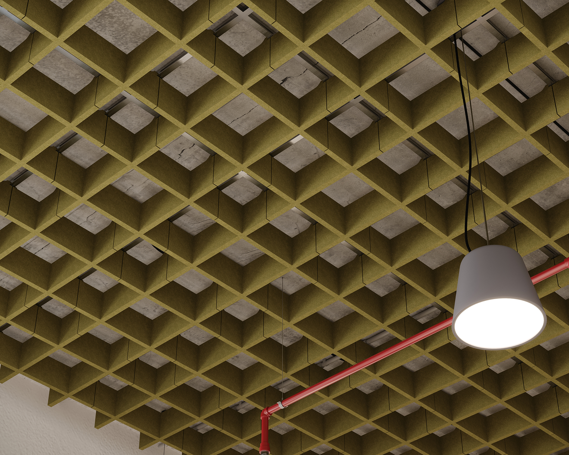 Ceiling with a geometric acoustic felt grid pattern of wooden squares, featuring a hanging cylindrical light fixture and red sprinkler pipes. The structure creates an orderly and industrial aesthetic.