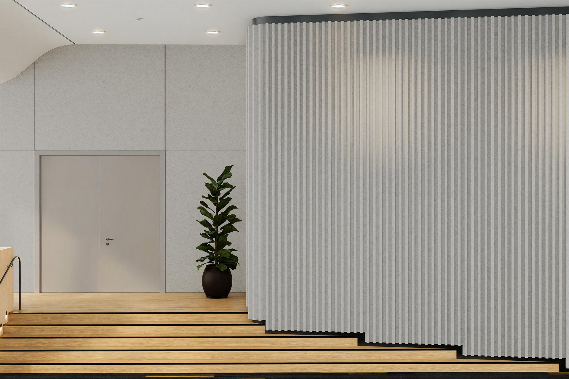 Modern interior featuring a light wood staircase with black strip accents leading to a pale gray acoustic felt wall and a closed gray door. A potted plant with large green leaves is positioned near the door, next to a white textured wall panel.