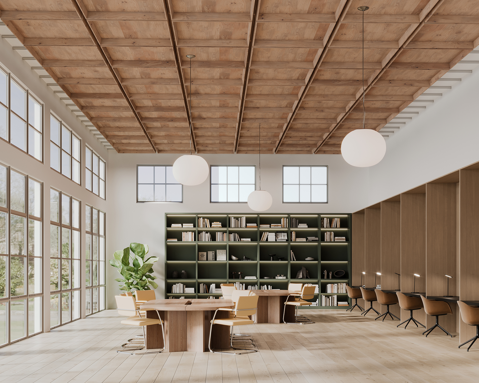 Spacious, modern library with a woodgrain acoustic felt ceiling and floor-to-ceiling windows. Features round pendant lights, a large bookshelf, and wooden tables surrounded by chairs. A potted plant is in the corner. Bright and airy atmosphere.