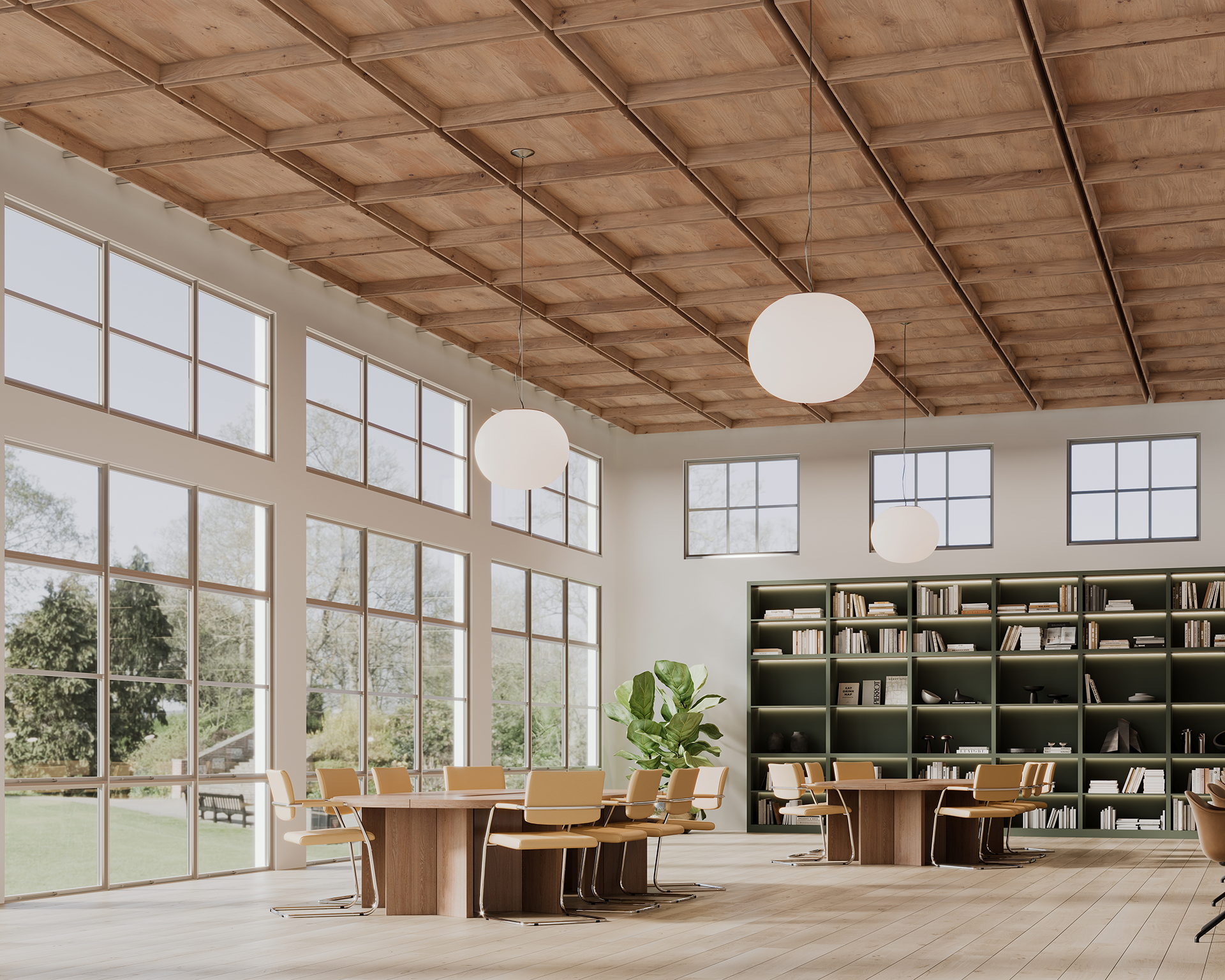 Spacious library with large windows, woodgrain acoustic felt ceiling and floors, green bookshelf filled with books, several wooden tables with chairs, and two round pendant lights. A large plant is placed near a window overlooking greenery outside.