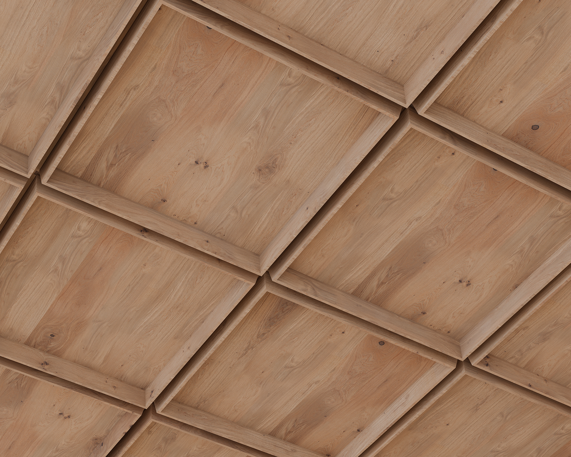 Acoustic felt ceiling with a grid pattern of square panels and recessed beams, featuring a natural wood grain texture and mild color variations. The perspective is angled, providing a dynamic view of the geometric design.
