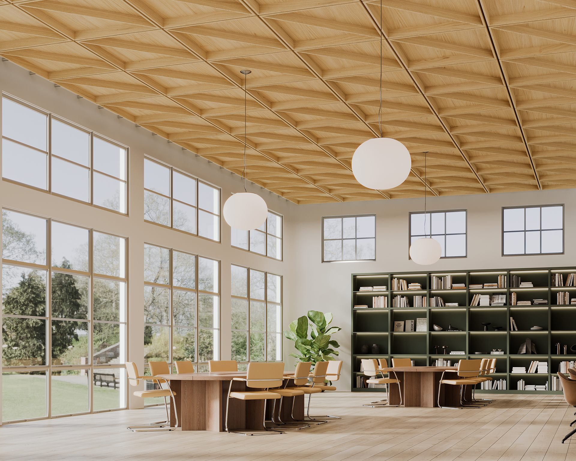 A spacious library with large windows, woodgrain acoustic felt ceiling, and light wood flooring. It features round tables with beige chairs, spherical pendant lights, and a dark green bookshelf filled with books. There's a large potted plant near the window.