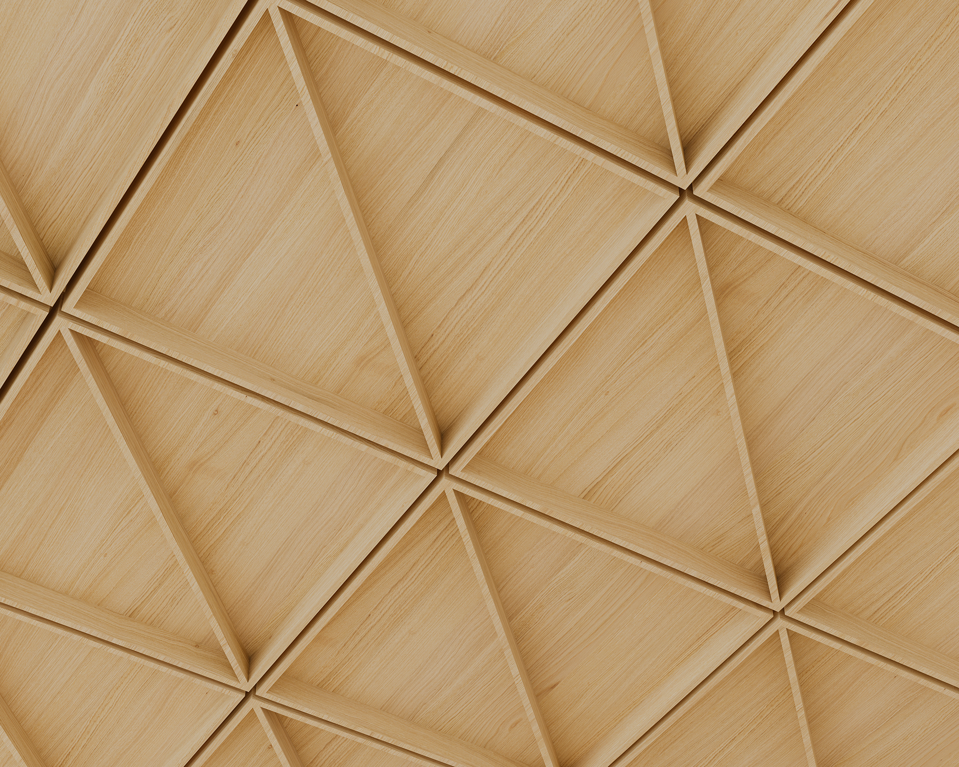 Woodgrain acoustic felt ceiling with a geometric pattern of intersecting diagonal lines forming triangles and squares. The natural wood grain adds texture to the light brown surface, creating a modern, symmetrical design.