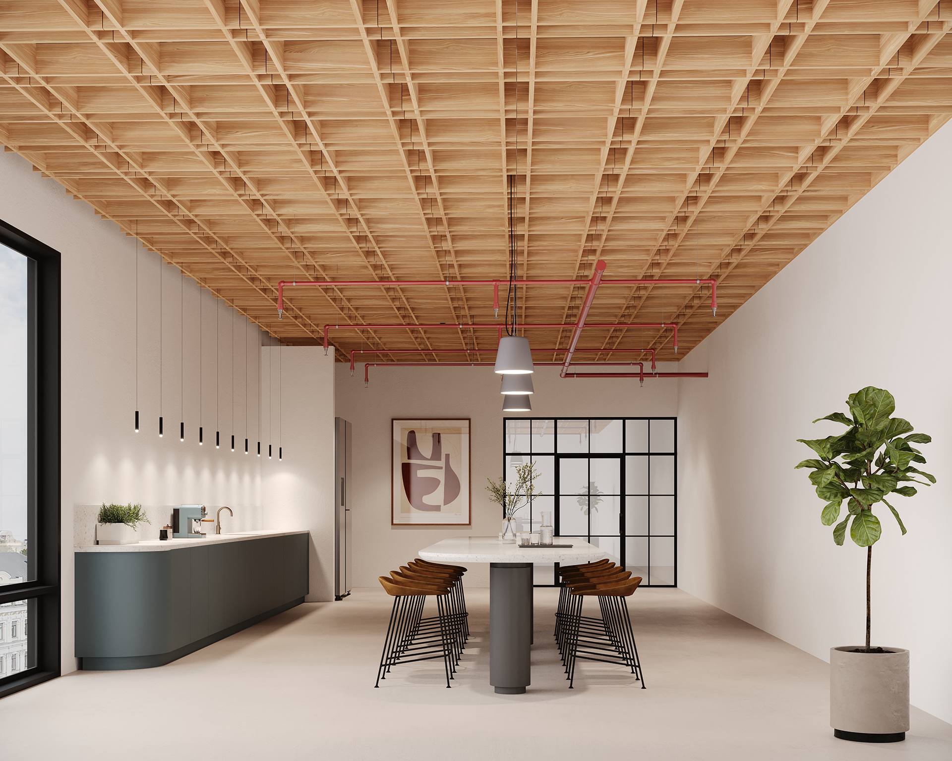 Modern kitchen interior with a woodgrain acoustic felt grid ceiling and minimalist design. Features a long gray countertop with a built-in stove, a central island with stools, pendant lights, a framed abstract artwork, and a potted plant near a large window.