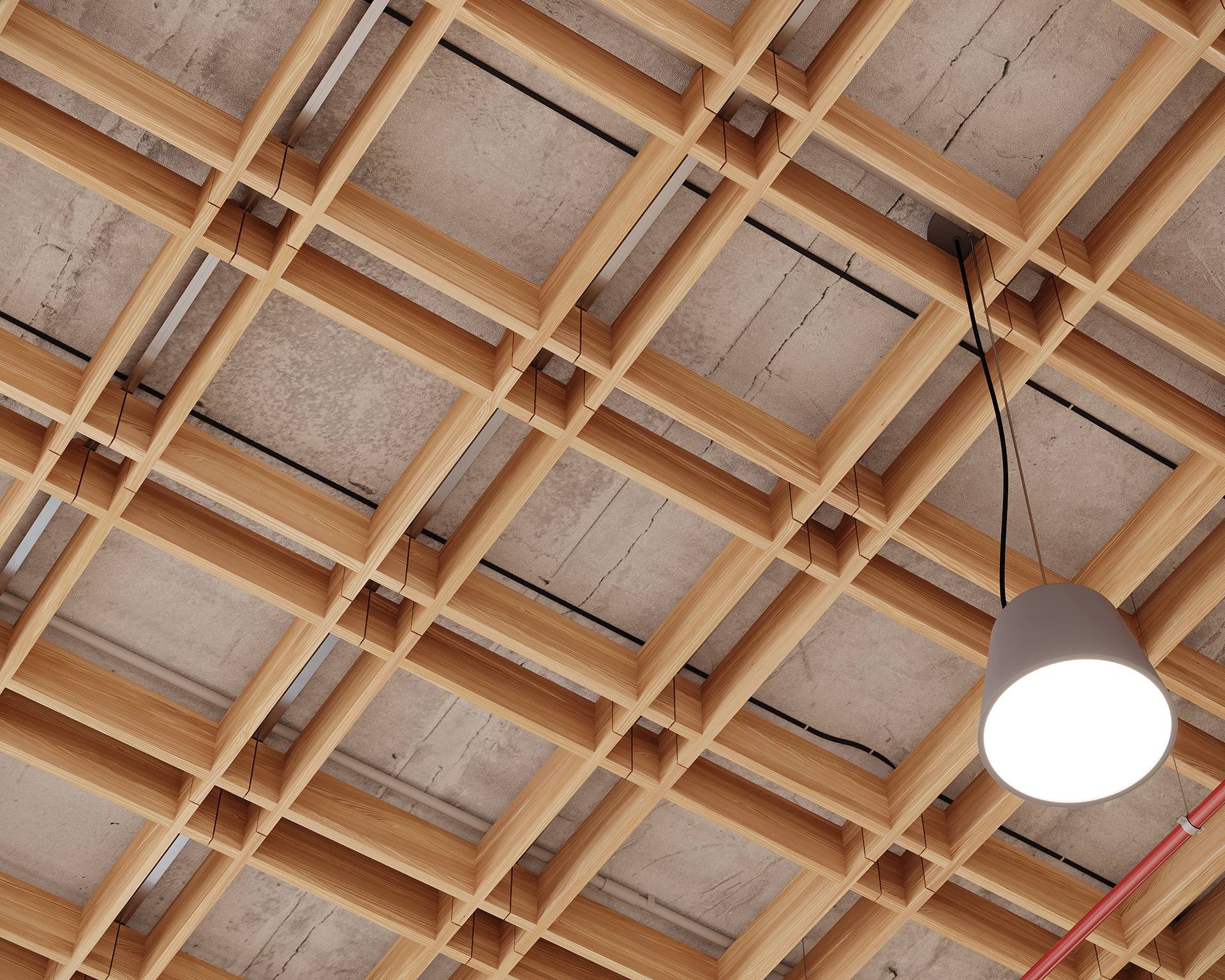 Wooden lattice acoustic felt ceiling with a modern light fixture hanging from it. The arrangement forms a grid pattern against a concrete backdrop.