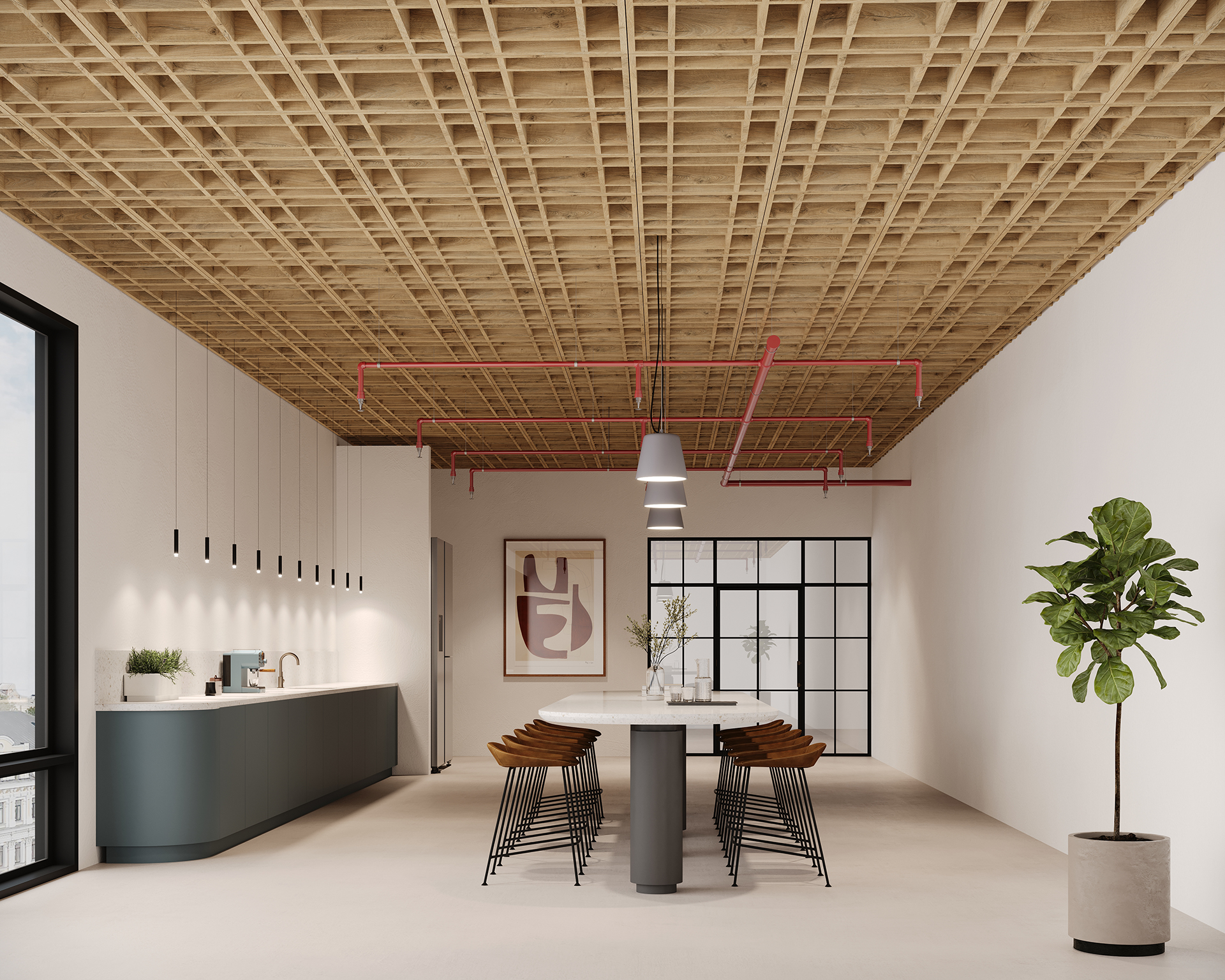 Modern kitchen interior with a woodgrain acoustic felt grid ceiling, large windows, and light walls. Features a long counter with a sink, hanging black lights, a round table with wooden chairs, red ceiling pipes, a painting, and a potted plant.