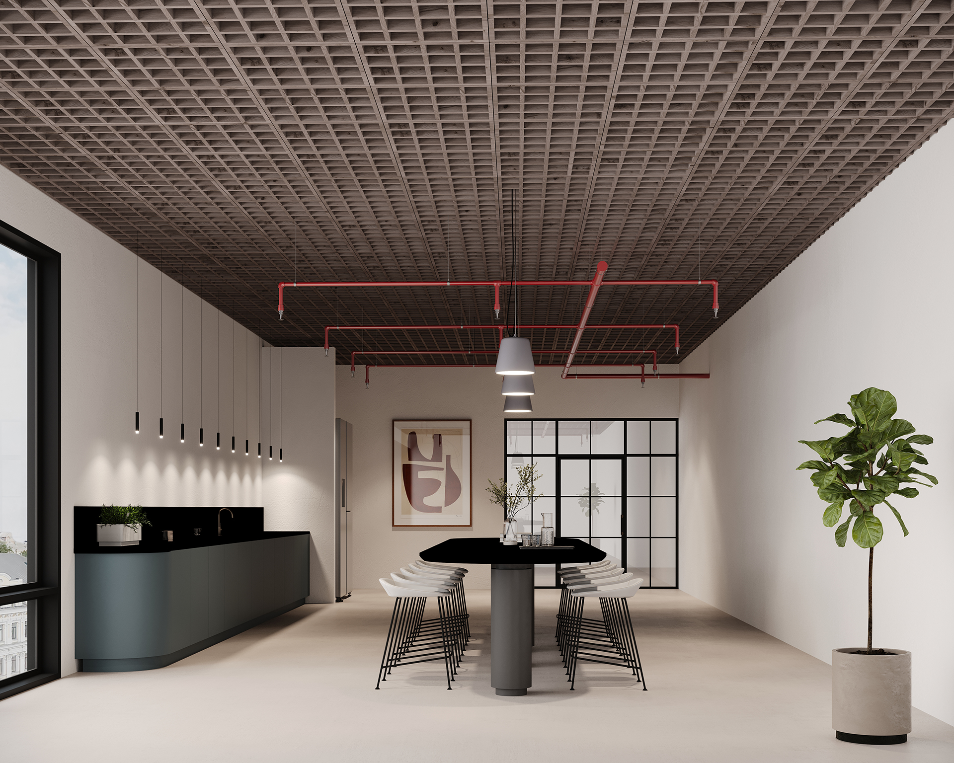 A modern dining area with a large, dark table surrounded by white chairs. A black and green kitchen counter with pendant lights is on the left. There’s a grid-patterned acoustic felt ceiling with red pipes and a large potted plant on the right.