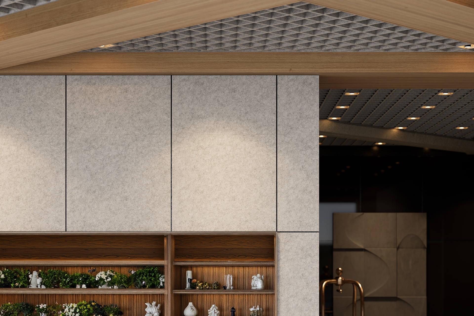 Modern interior featuring a wooden cabinet with decorative plants and pottery. The walls have panels of light gray textured acoustic felt. A geometric ceiling design with recessed lighting extends over the space.