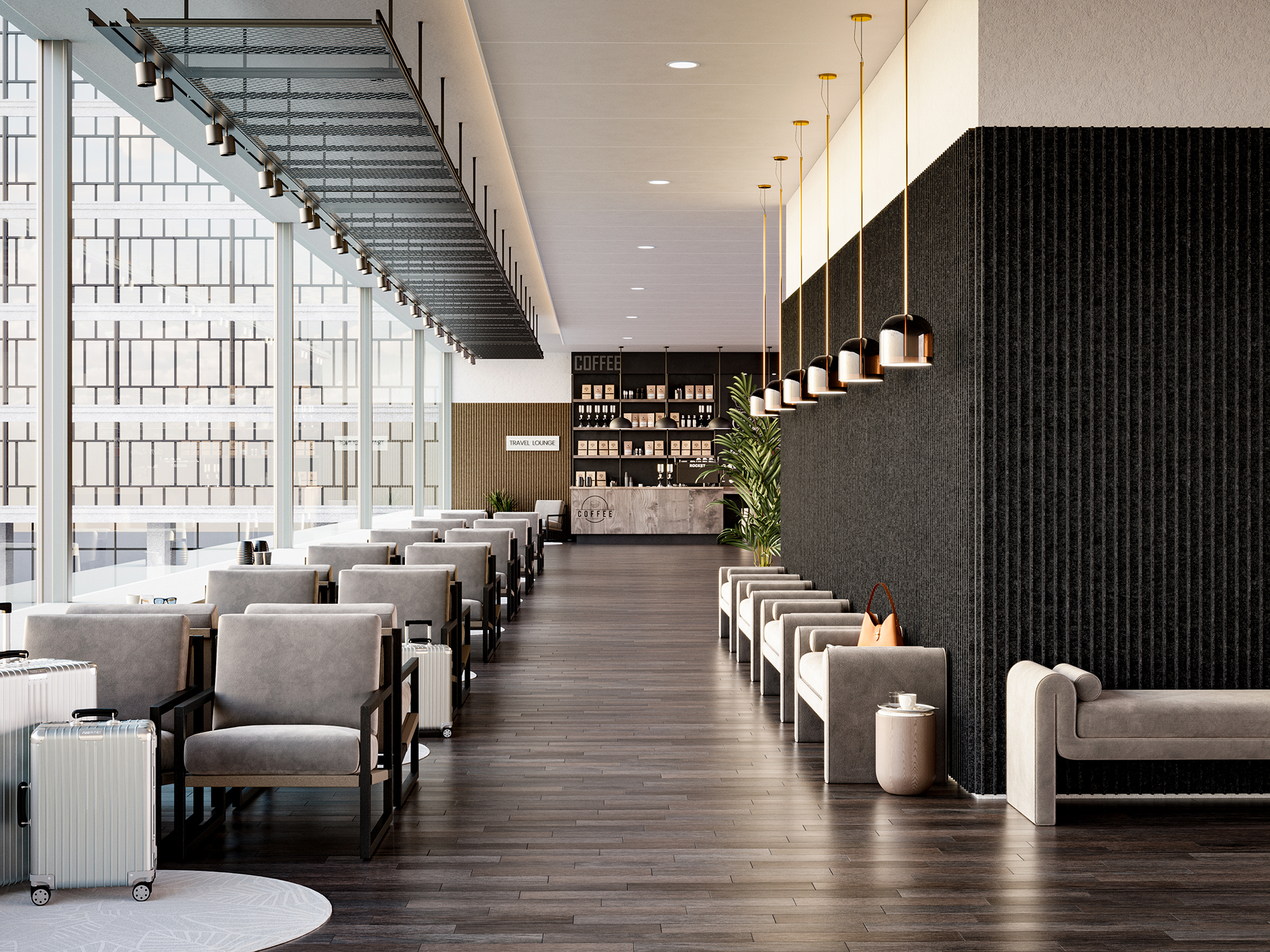 Modern hotel lobby with sleek, minimalist design. Features gray sofas, a long black acoustic felt wall with hanging lights, and a reception desk at the far end. Large windows on the left offer views of surrounding buildings. A suitcase is near a sofa.