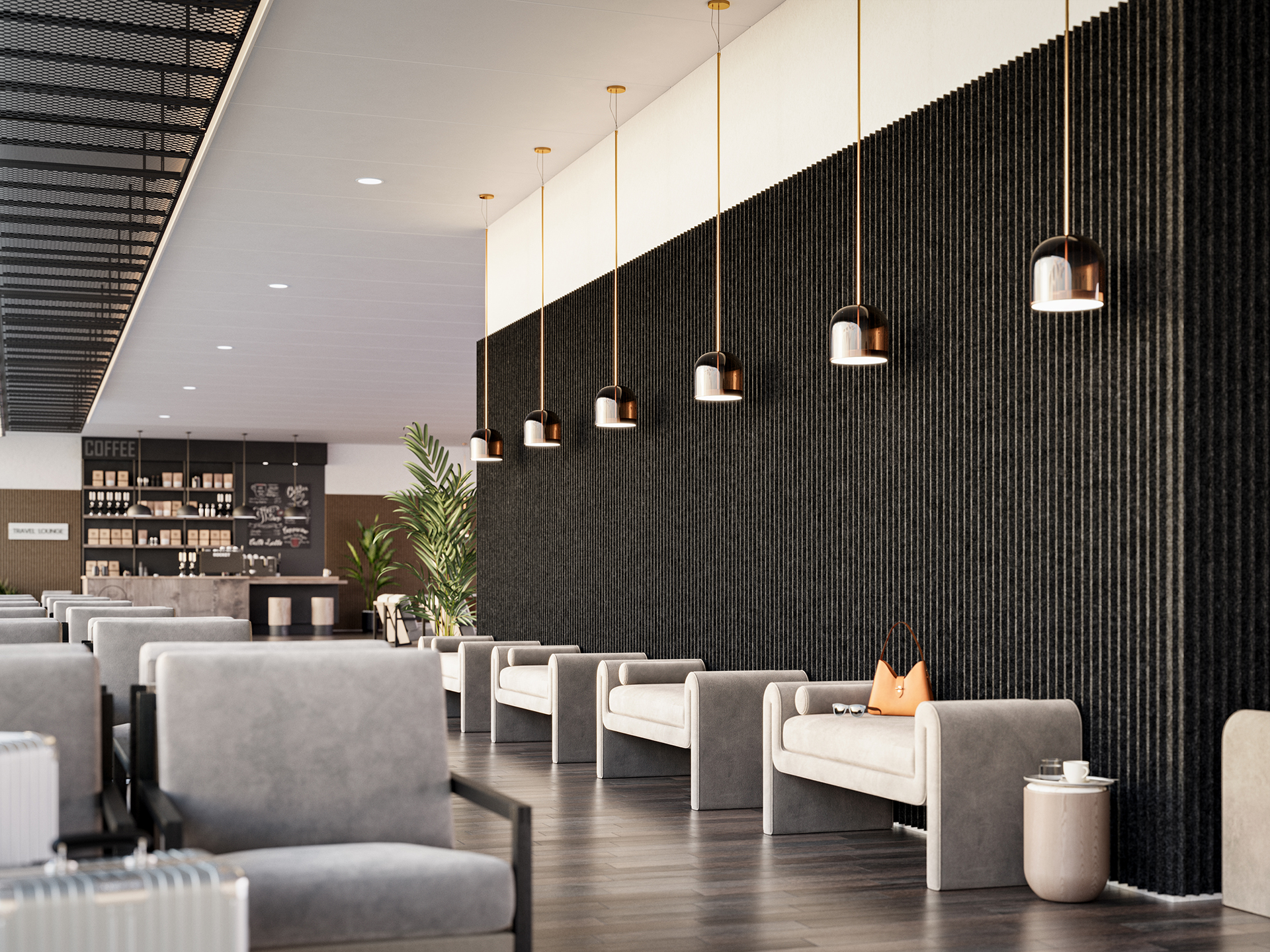 Modern, spacious lounge with gray seating, a ribbed black acoustic felt wall, and pendant lights. A coffee counter is in the background, and plants add greenery. Clean, minimalistic design with a warm, inviting atmosphere.