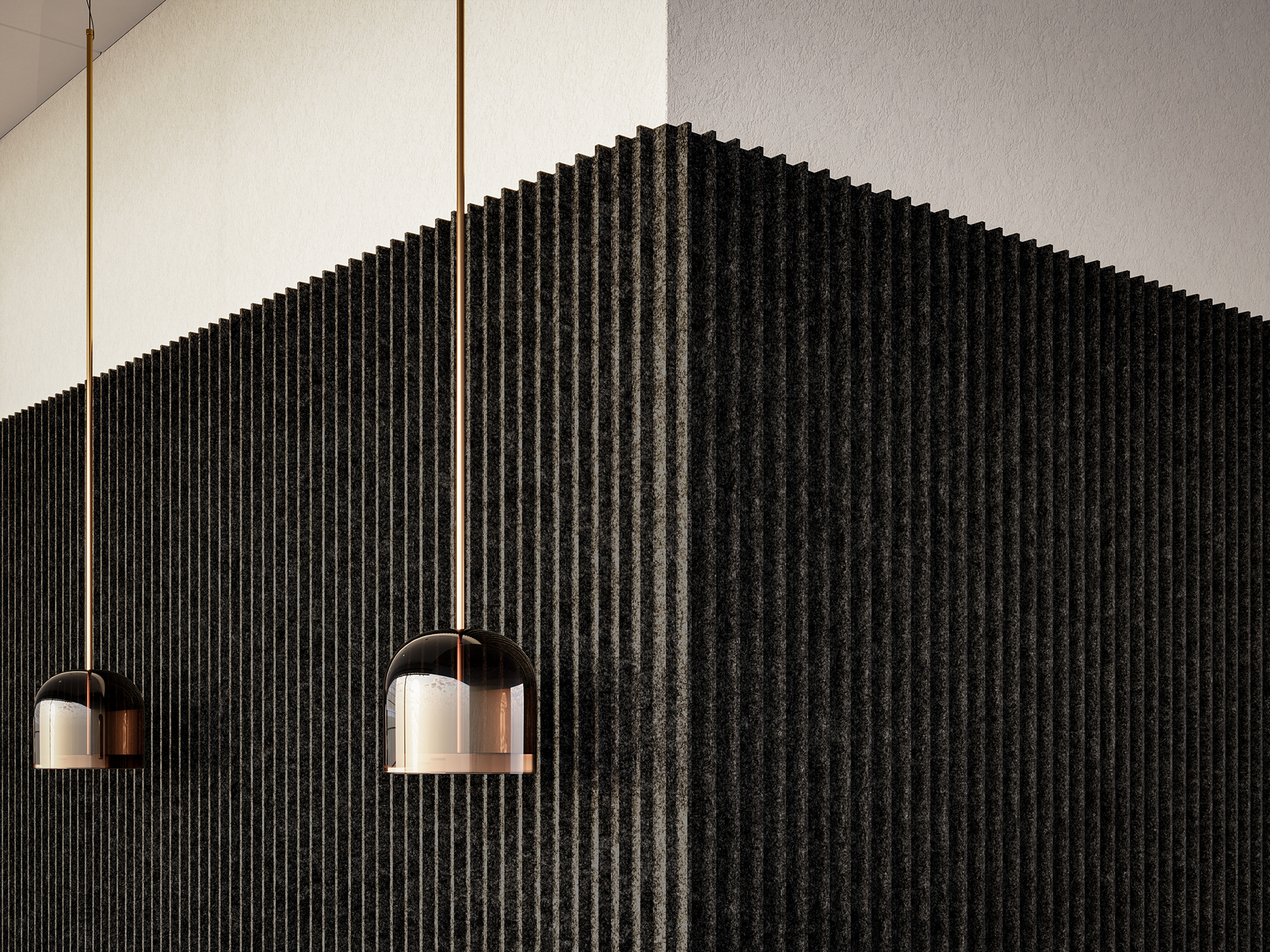 Modern interior with two cylindrical pendant lights hanging from the ceiling. The acoustic felt wall features a black, textured design with vertical grooves, creating a contrast with the smooth white ceiling above.