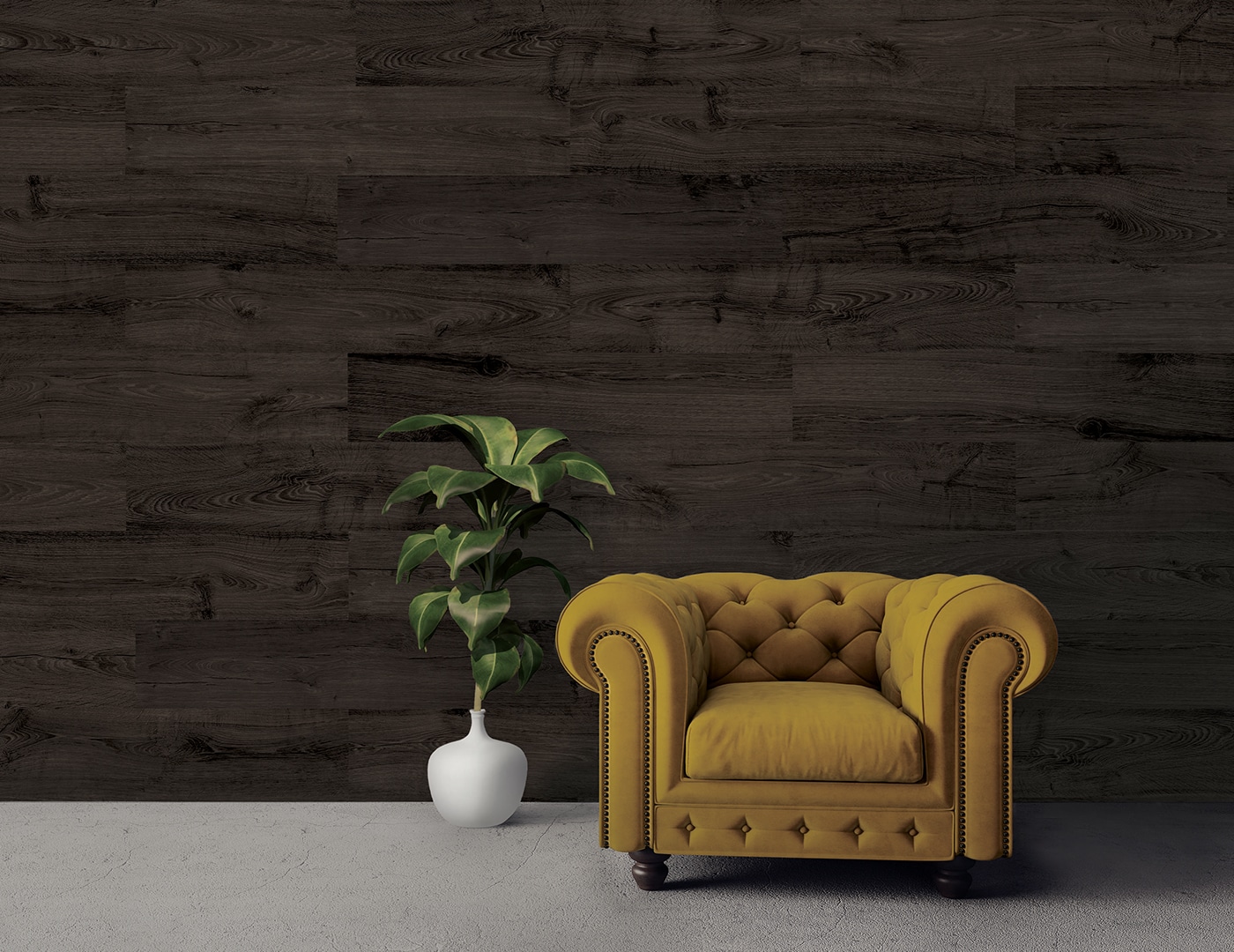 A mustard yellow tufted armchair sits next to a green-leafed plant in a white pot, set against a dark woodgrain acoustic felt wall and a light gray floor.
