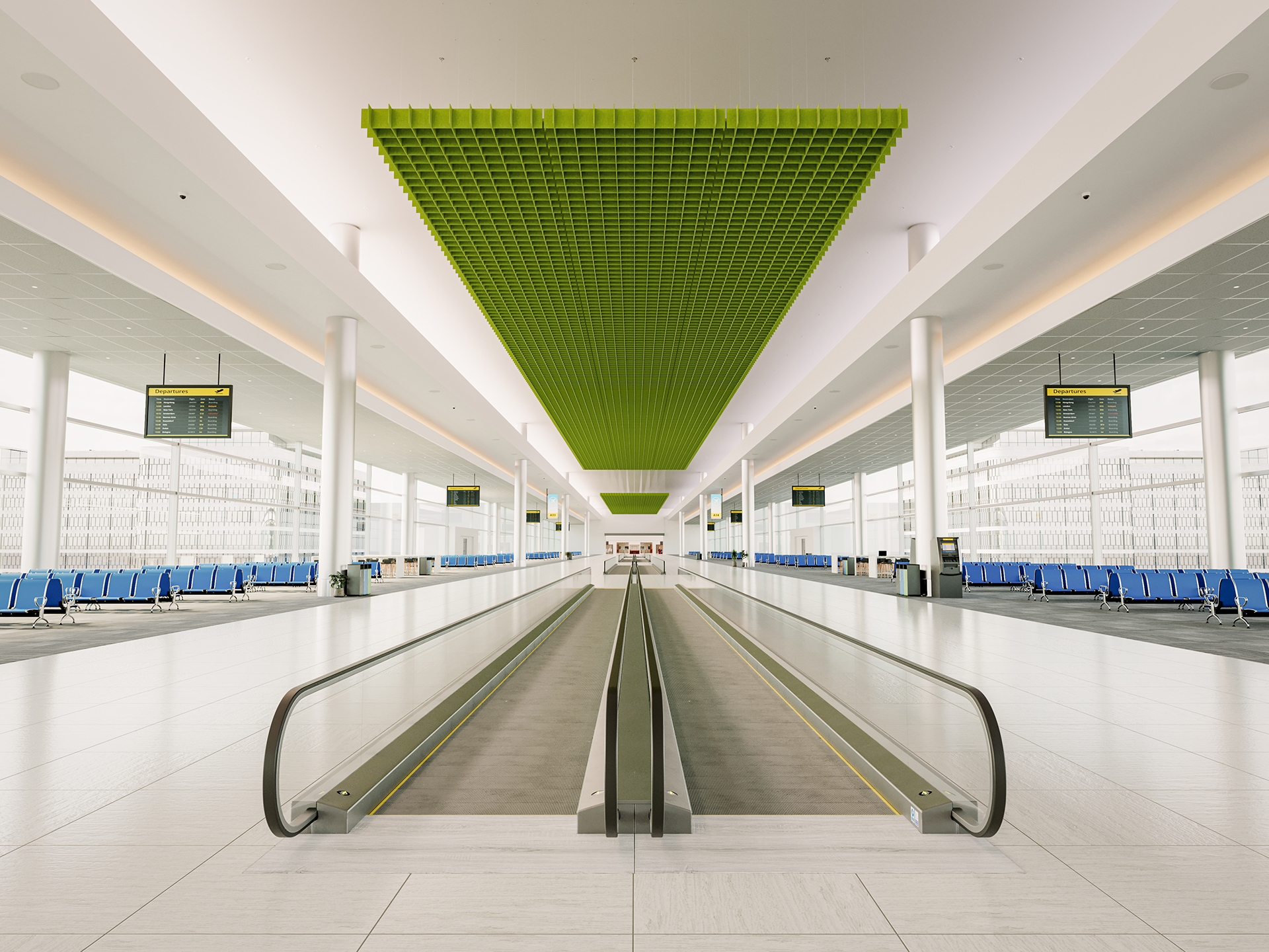 A modern, spacious airport terminal with white floors, blue seating, a central moving walkway, and a large green acoustic felt ceiling structure above. Digital flight information boards hang from the ceiling.