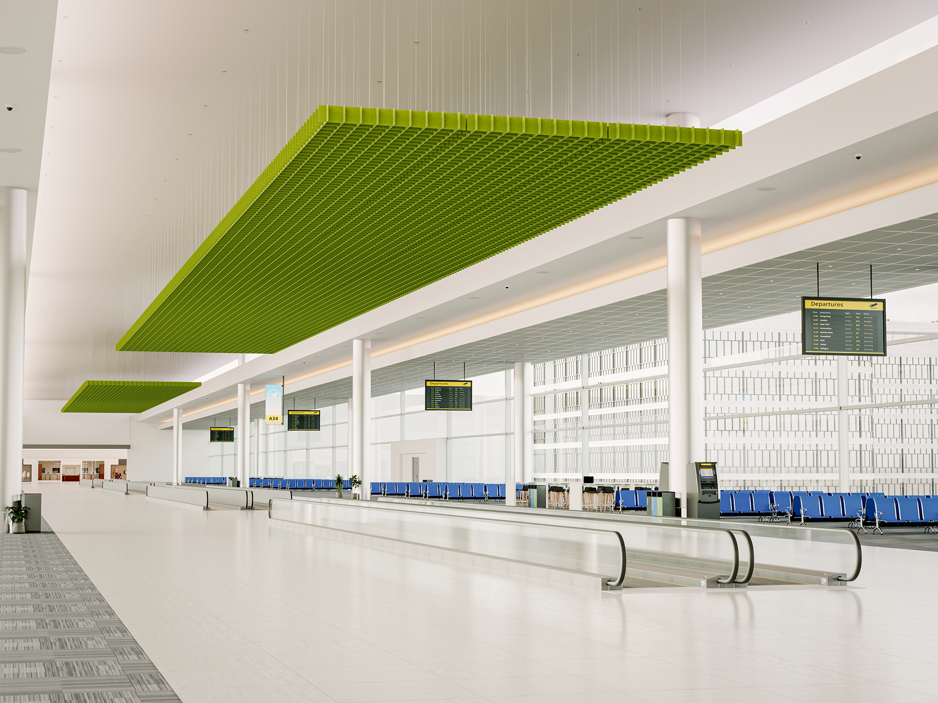 A modern, spacious airport terminal with bright lighting, large green acoustic felt ceiling clouds, empty blue seating, white floors, and digital flight information displays. The area appears clean and uncrowded.