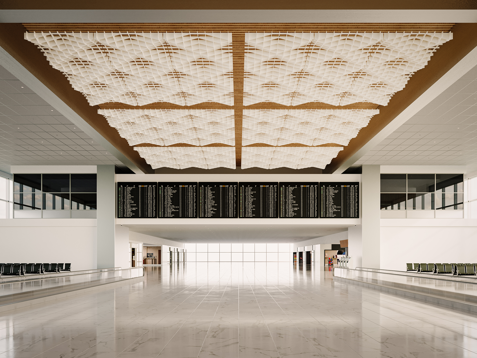 A spacious, modern airport terminal with a high acoustic felt ceiling featuring geometric art, large digital flight information boards, empty baggage carousels, rows of seating, and bright natural light streaming through windows.