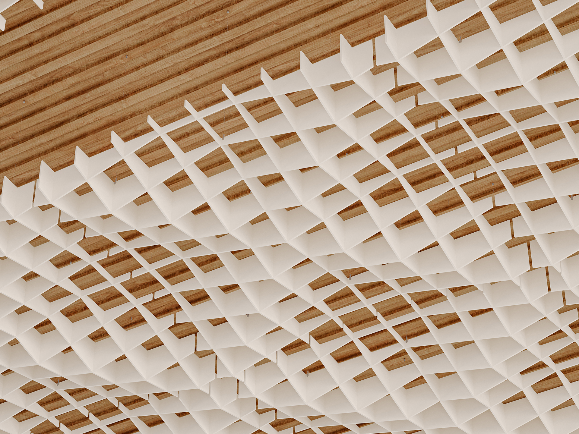 Ceiling installation featuring intersecting white, grid-like acoustic felt panels arranged in a wave pattern, with a wooden slat ceiling visible above. The geometric design creates a sense of movement and depth.