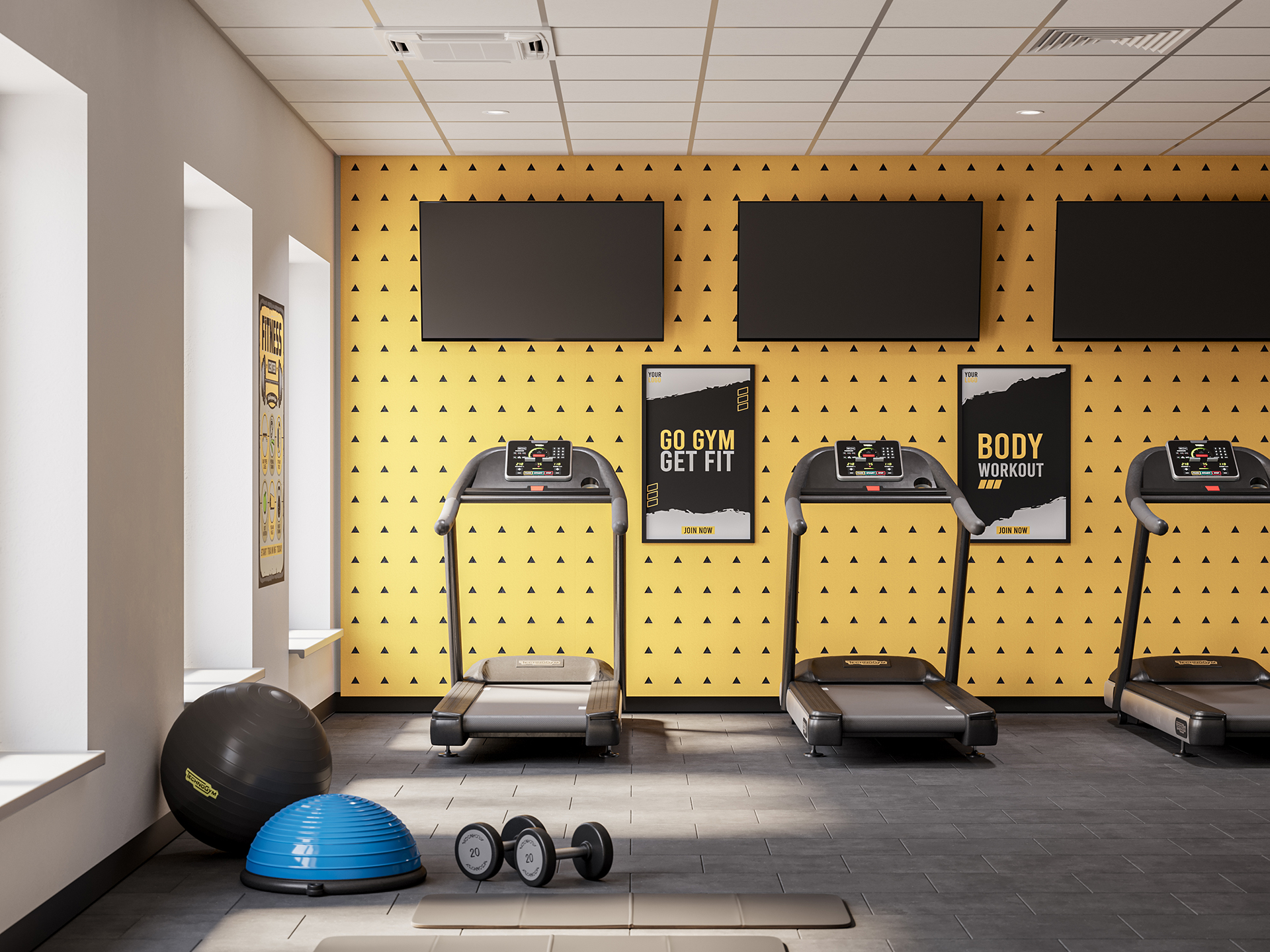 A modern gym with three treadmills facing a yellow acoustic felt wall with motivational posters, blank TV screens, and triangular patterns. Exercise equipment, including dumbbells, a balance trainer, and exercise balls, is on the floor.