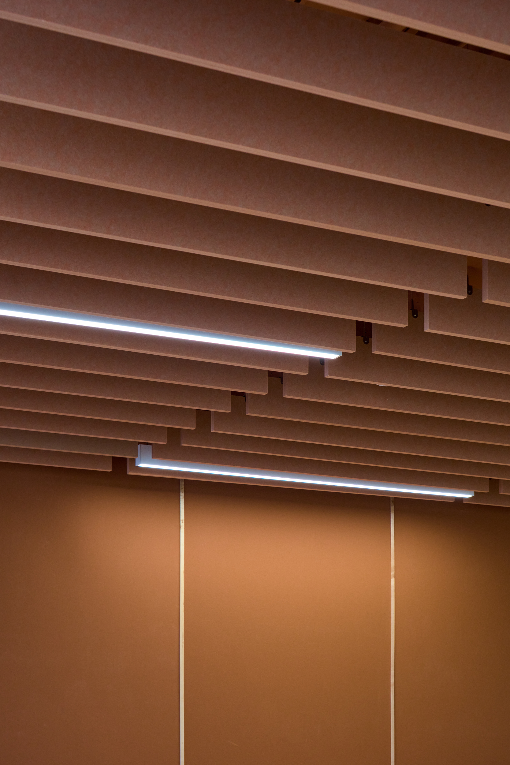 Peach acoustic felt ceiling panels with evenly spaced slats and LED lighting echo the minimalist design seen at Magellan International School, featuring matching linear and arc ceiling baffles for a cohesive, unified space.